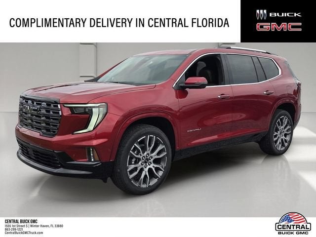2026 GMC Acadia Denali Ultimate in Volcanic Red Tintcoat — front three-quarter view