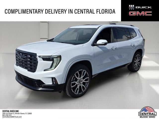 2026 GMC Acadia Denali Ultimate in Glacier White Tricoat — front three-quarter view