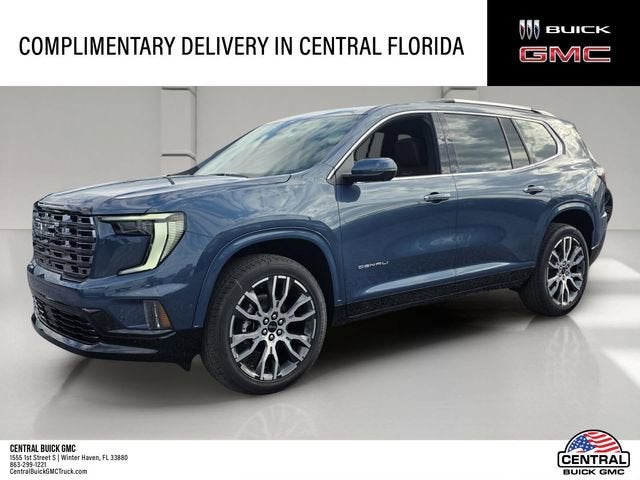 2026 GMC Acadia Denali Ultimate in Downpour Metallic — front three-quarter view