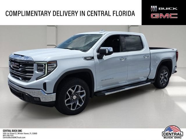 2026 GMC Sierra 1500 SLT in Glacier White Tricoat — front three-quarter view